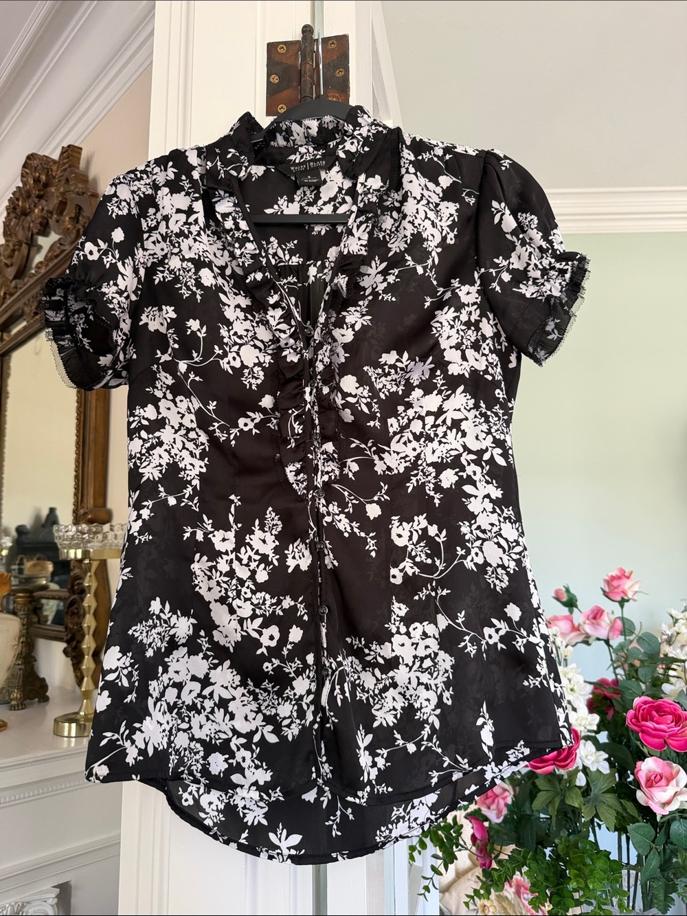 White House Black Market Black Blouse with White Floral Print and Ruffle Trim